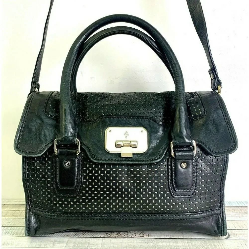 COLE HAAN BLACK PERFORATED GENUINE LEATHER MEDIUM SATCHEL SHOULDER BAG HANDBAG